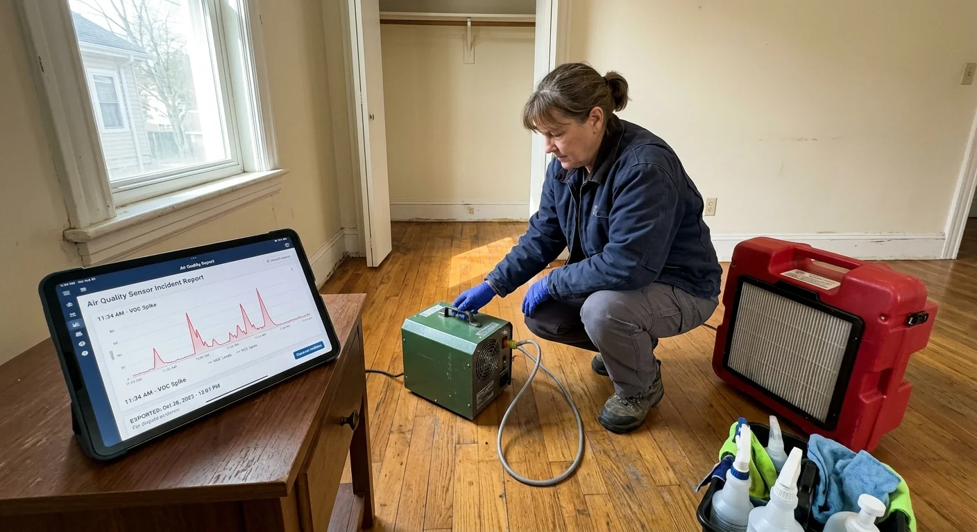 A woman sets up air remediation equipment in an empty room next to a tablet displaying air quality sensor incident graphs.