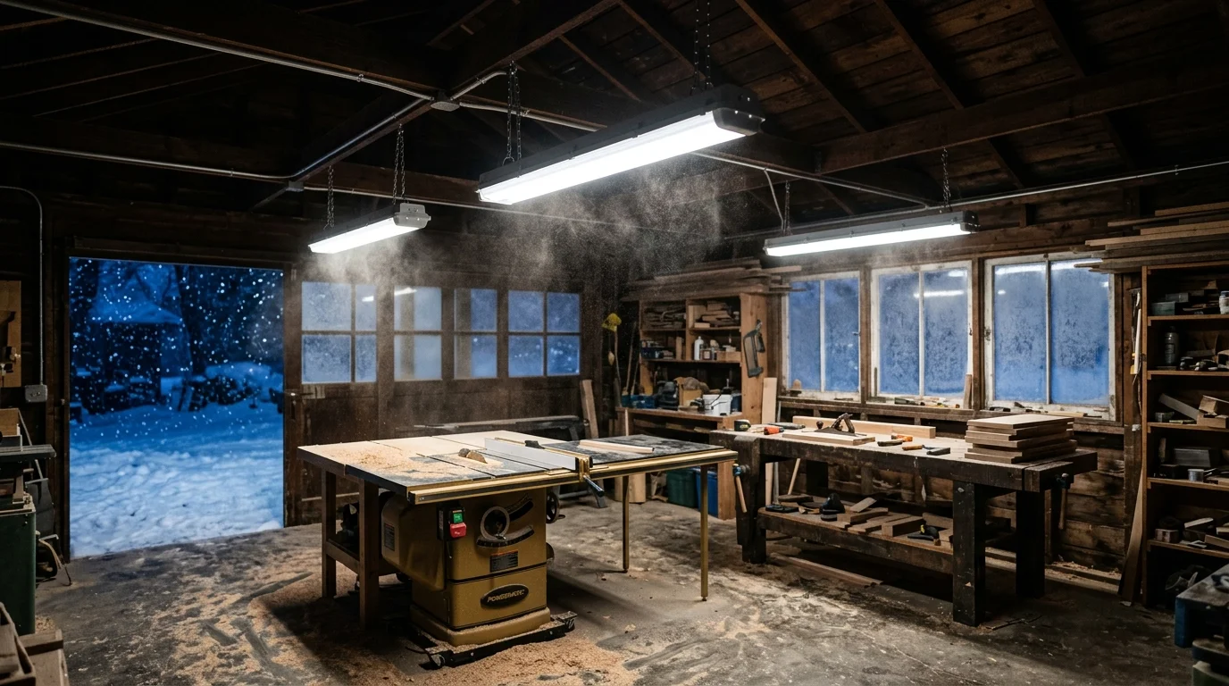 Three hanging shop lights illuminate a woodworking workshop with a table saw, workbench, and snowy view outside the door.