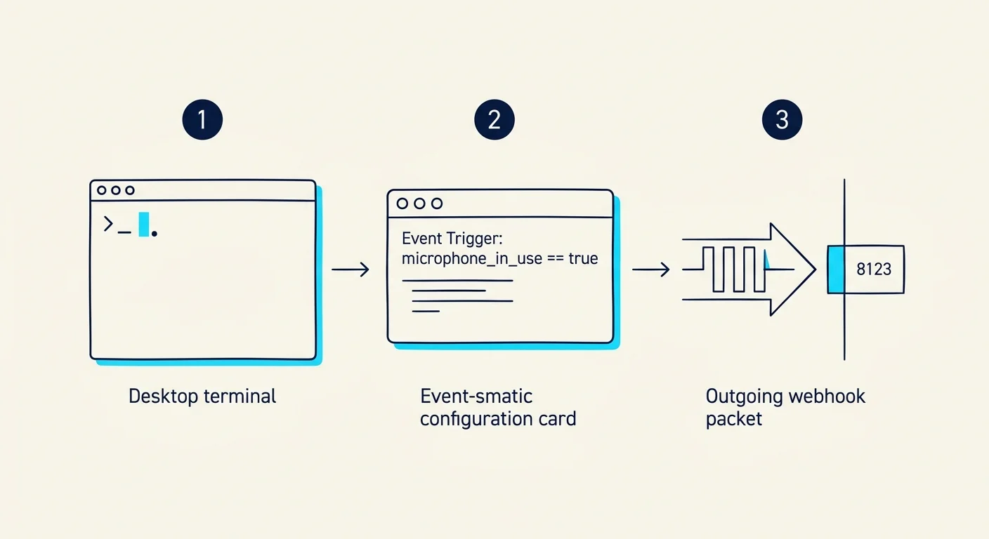 Diagram showing a desktop terminal window connecting to an event trigger configuration card and an outgoing webhook packet.