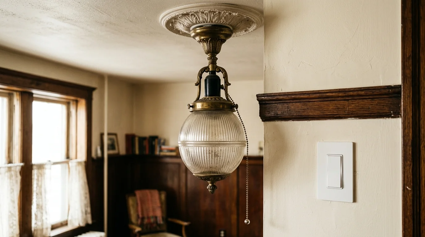 Vintage glass globe pull-chain ceiling light hanging next to a modern white rocker switch mounted on a wall.