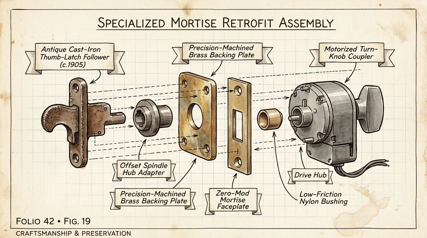 Exploded diagram showing an antique latch follower, spindle adapter, backing plates, bushing, and motorized turn-knob hub.