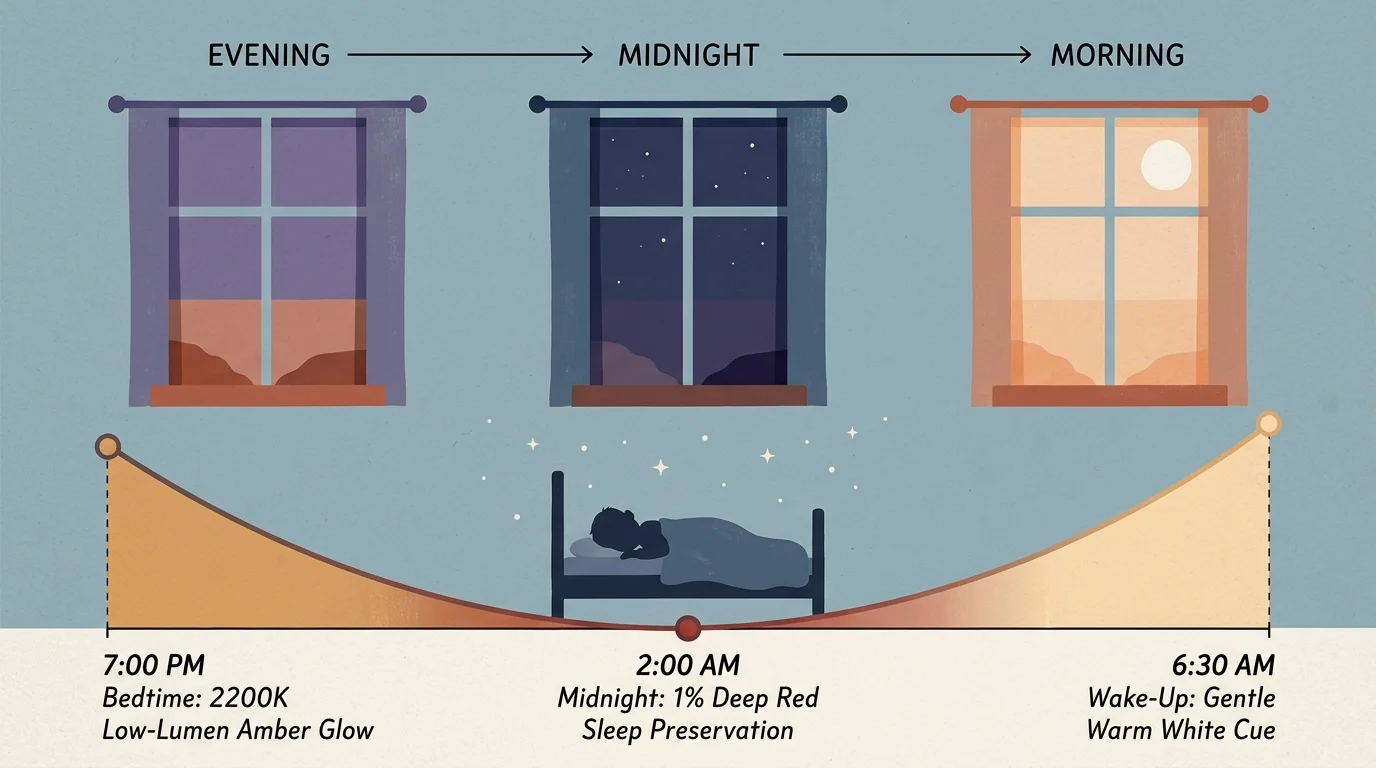 Illustration of windows transitioning from evening to midnight to morning above a sleeping child and a lighting timeline.