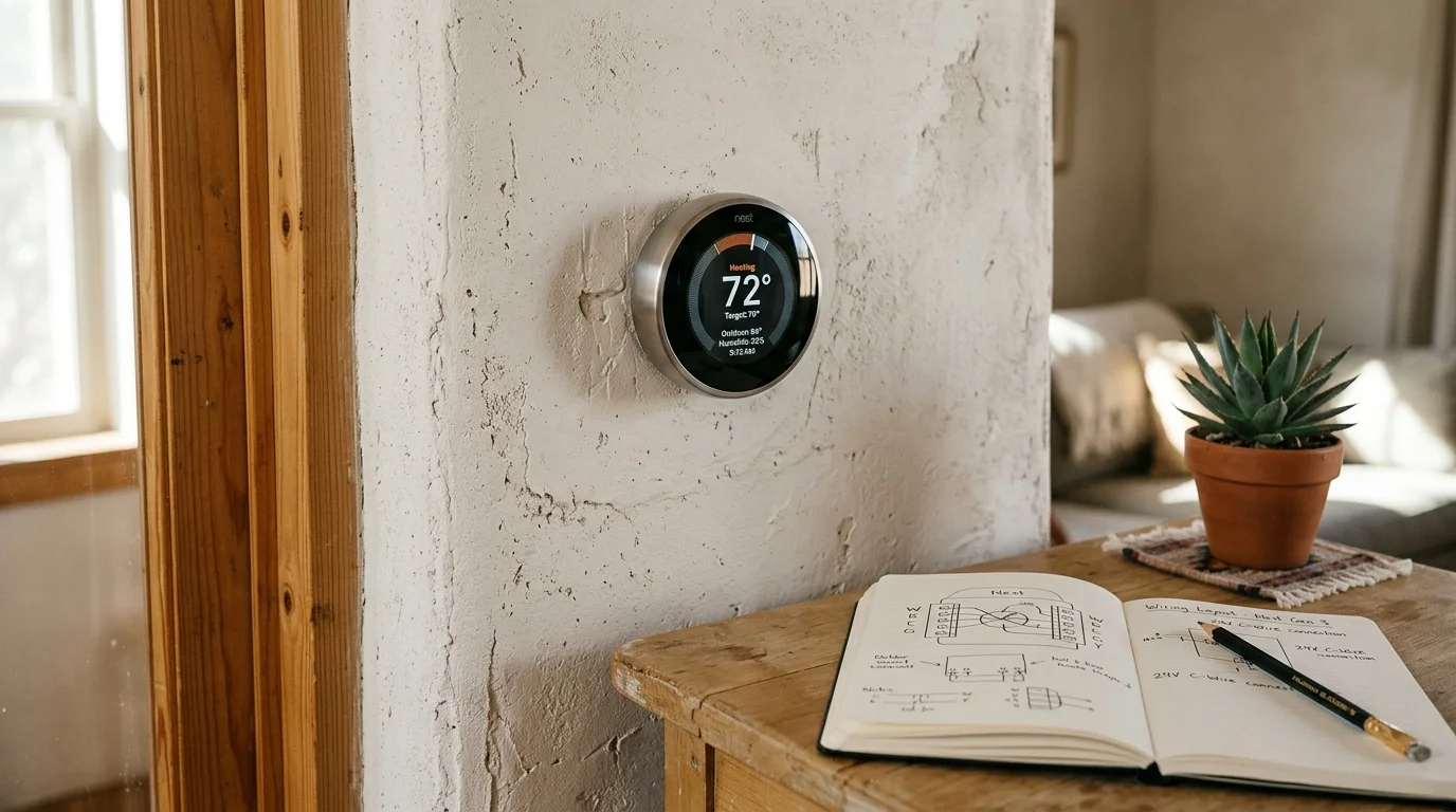 Round digital thermostat mounted on a textured white wall above an open notebook with wiring sketches and a small potted plant.