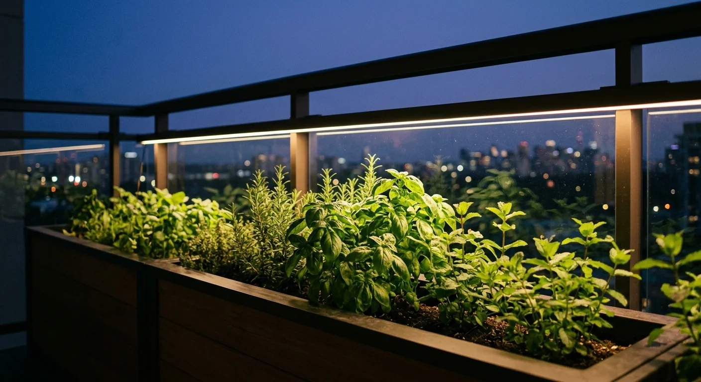 Green herbs in a balcony planter box illuminated by a warm strip light mounted on the railing at dusk.