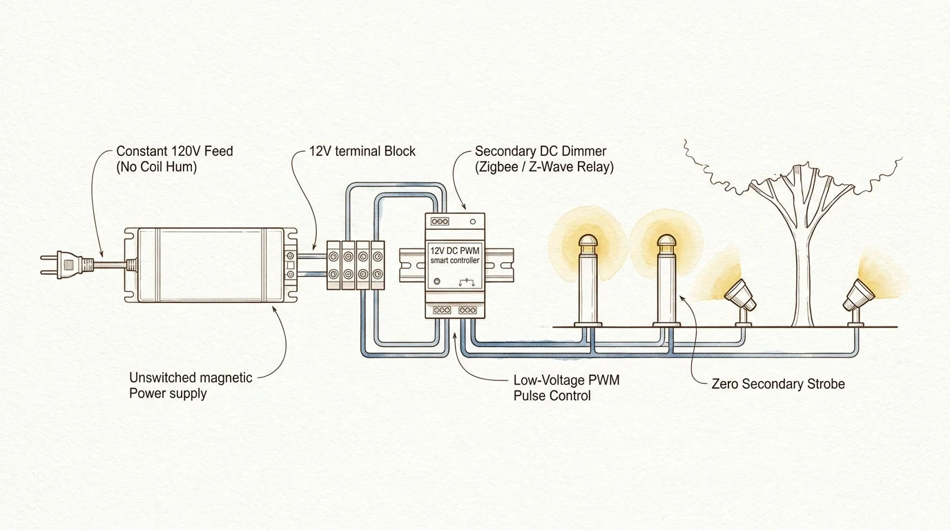 Diagram connecting a 120V power supply through a terminal block to a 12V DC PWM smart controller wiring landscape lights.
