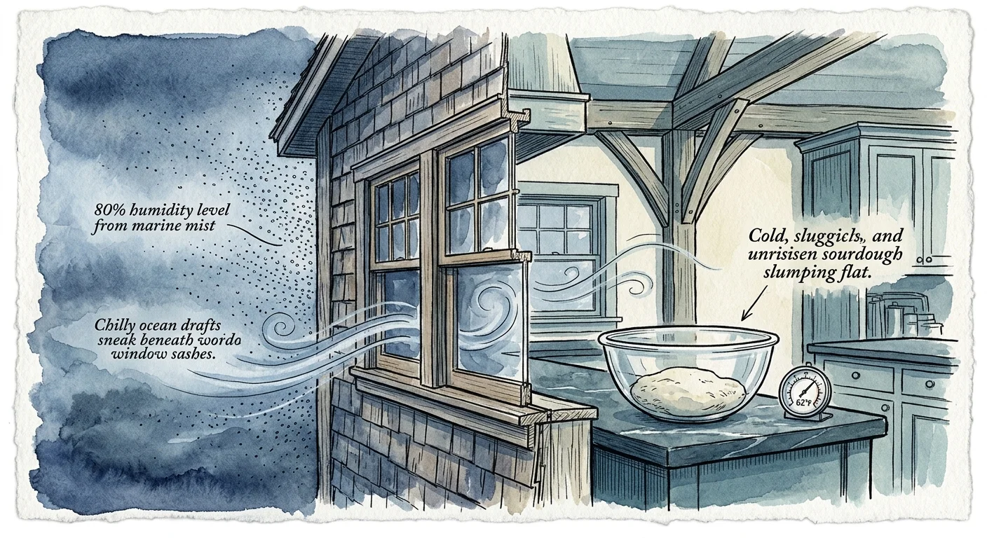 Cutaway illustration showing misty coastal air blowing through a window toward a bowl of dough and a 62-degree thermometer.