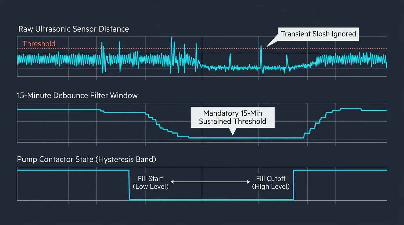 Three-part waveform diagram showing raw sensor distance, a 15-minute debounce filter window, and pump contactor states.
