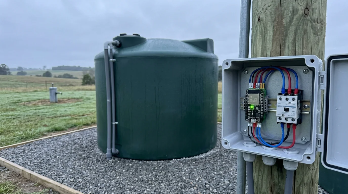 Open electrical control box on a wooden post with wiring and circuit board, next to a large green water tank outdoors.