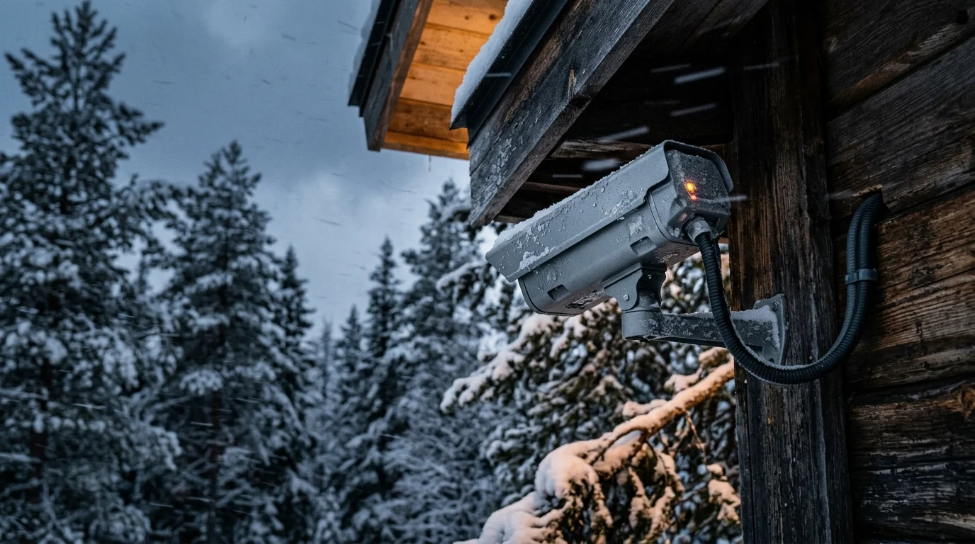 Security camera mounted under a wooden cabin roof overlooking a snowy pine forest during a snowfall.