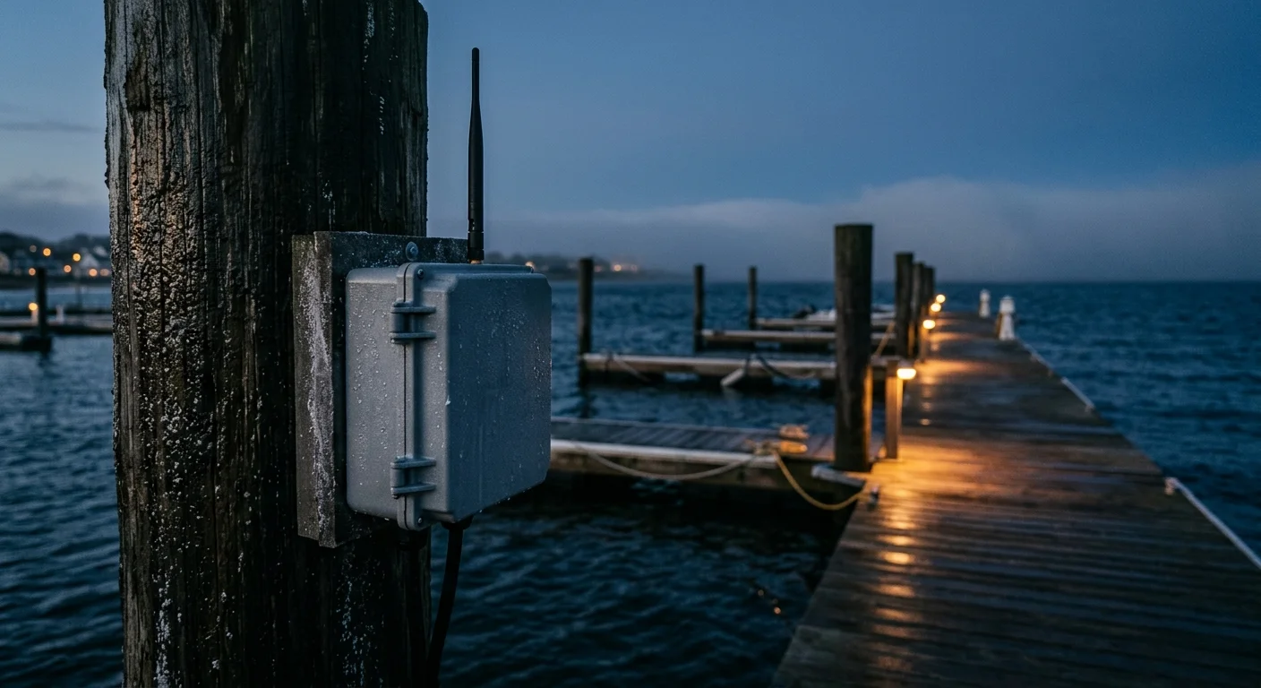 Waterproof enclosure box with an external antenna mounted on a wooden dock piling beside a marina boardwalk at dusk.