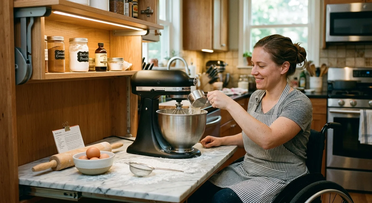 A smiling woman in a wheelchair pours flour into a stand mixer beneath a lowered wooden cabinet shelf.