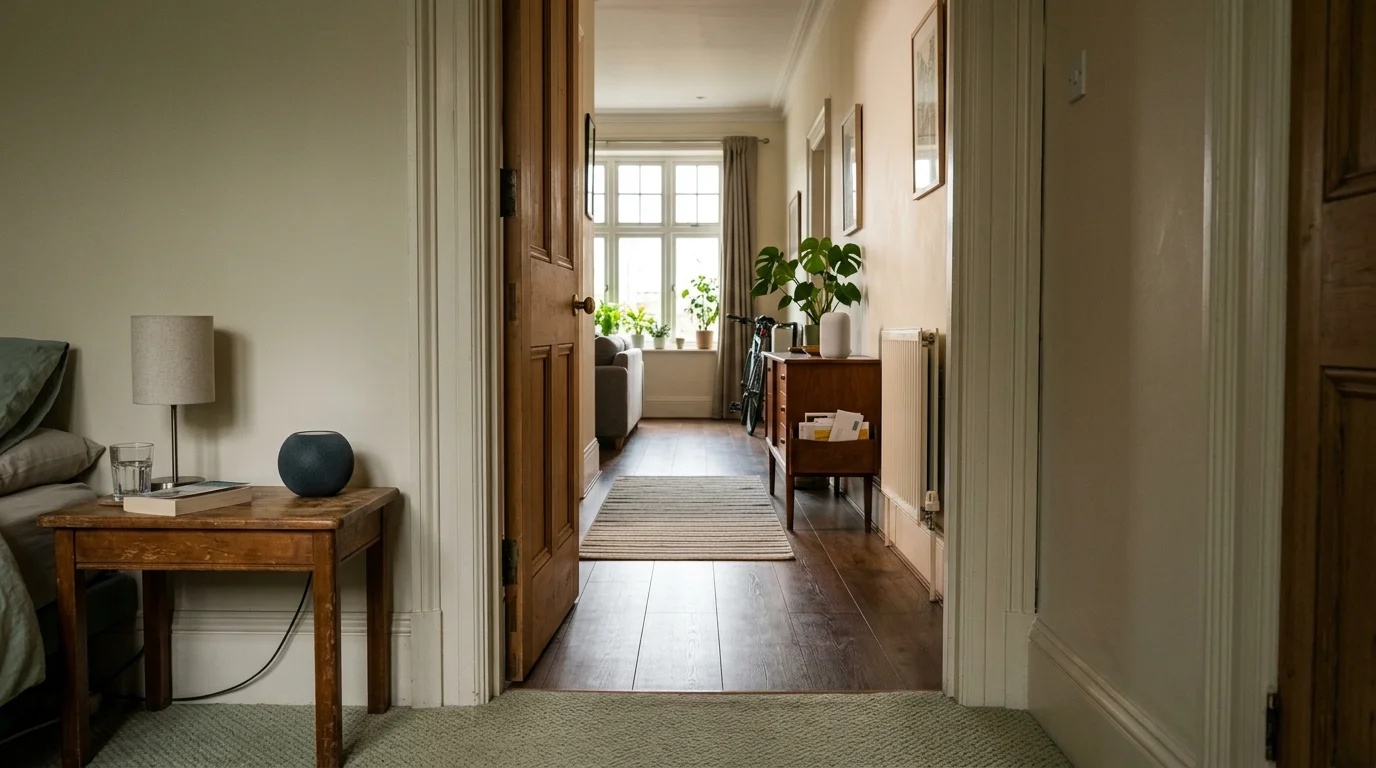 View from a bedroom with a smart speaker on a nightstand looking through an open door into a hallway with another speaker.