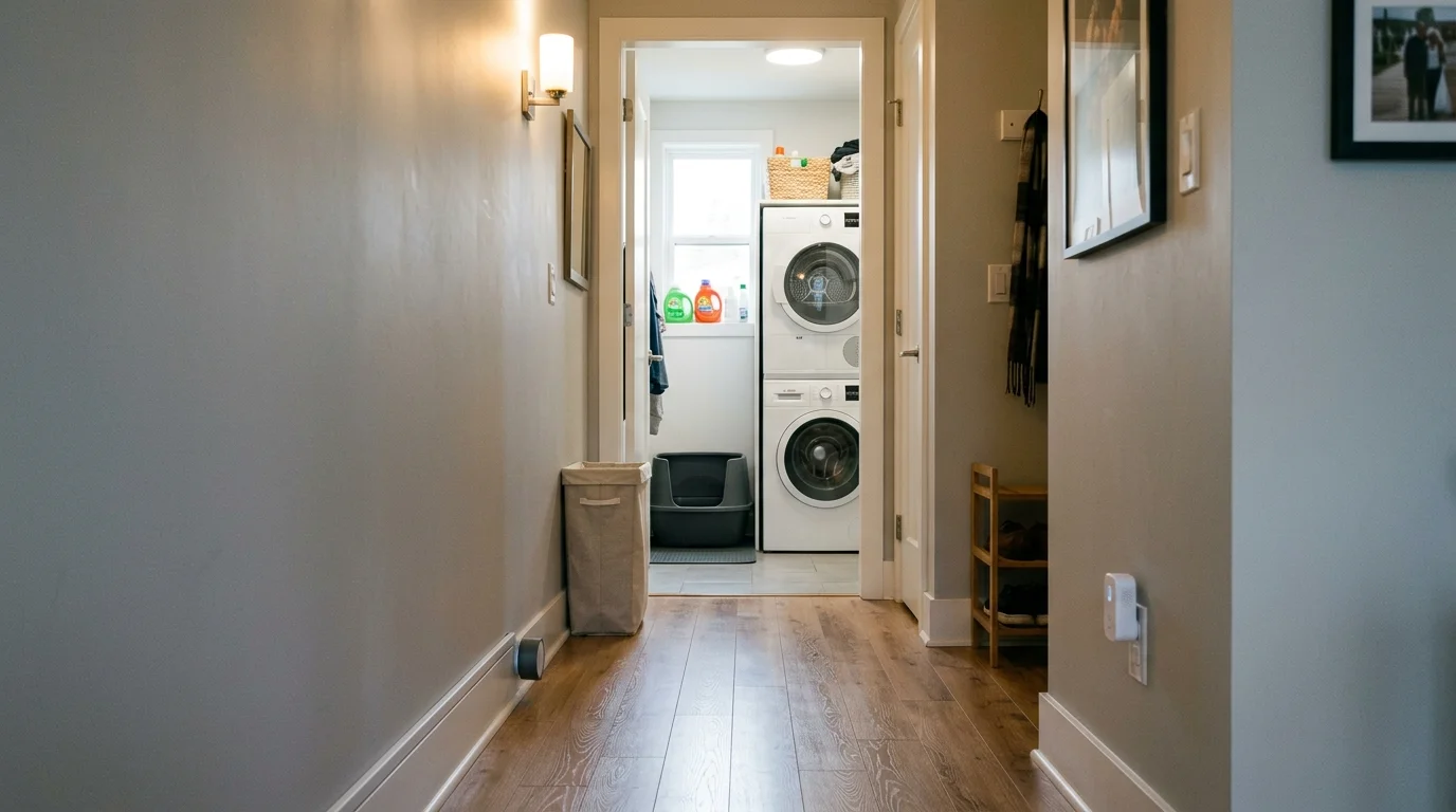 Hallway with wood flooring leading to a laundry alcove with stacked washing machines, a litter box, and wall sensors.