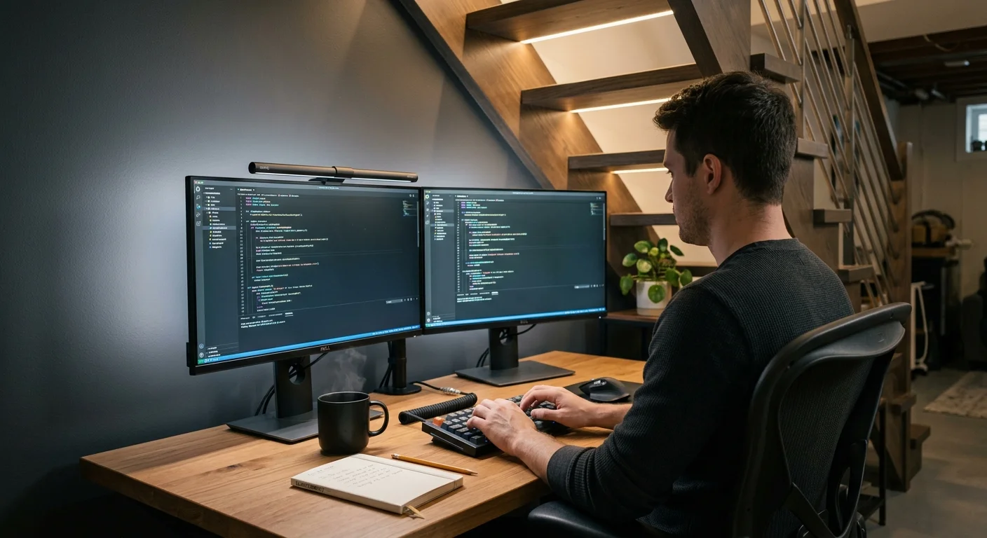 A man coding at a dual-monitor wooden desk set up beneath an open staircase with integrated step lighting.