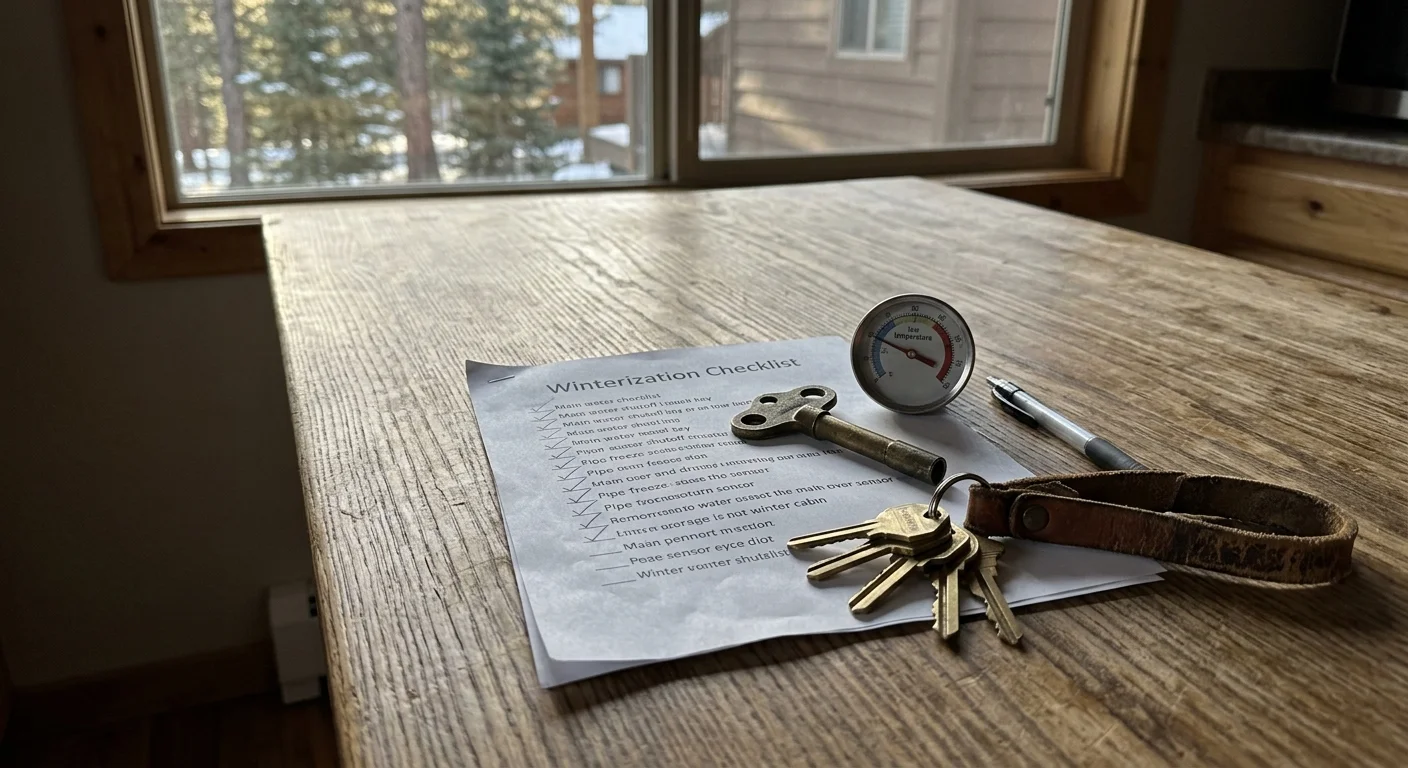 Printed winterization checklist on a wooden table with brass keys, a pen, and a small round dial thermometer by a window.