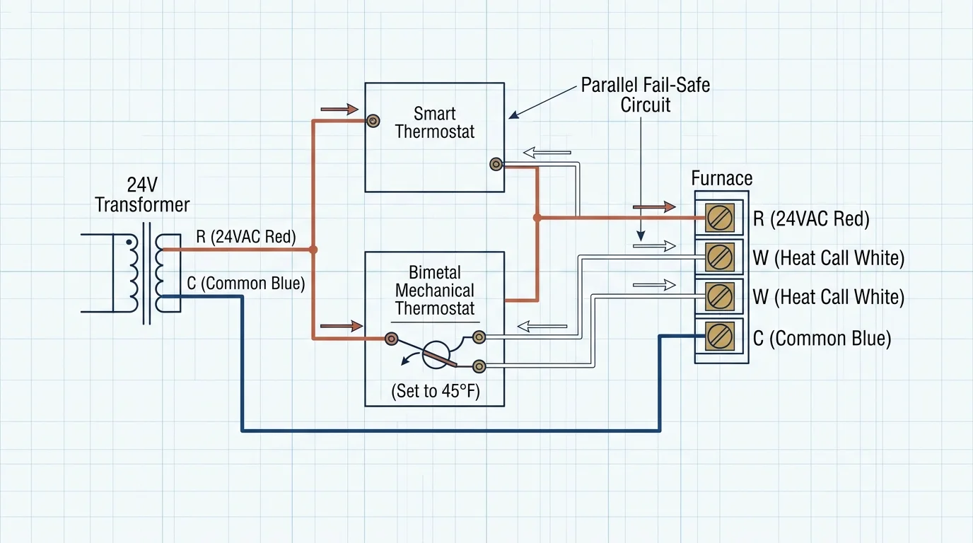 Wiring diagram connecting a smart thermostat and bimetal mechanical thermostat in parallel between a transformer and furnace.