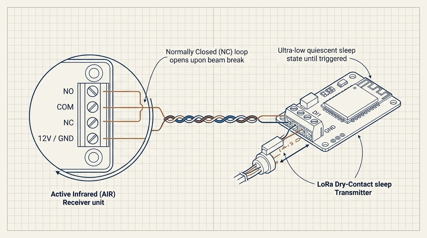 Wiring diagram connecting an active infrared receiver terminal block to a LoRa dry-contact transmitter board on grid paper.