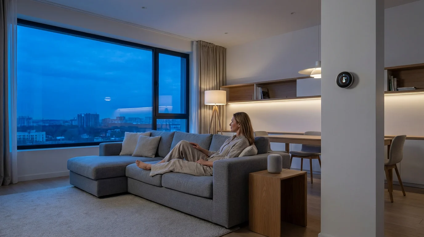 Woman relaxing in a modern smart home living room with a thermostat at blue hour.