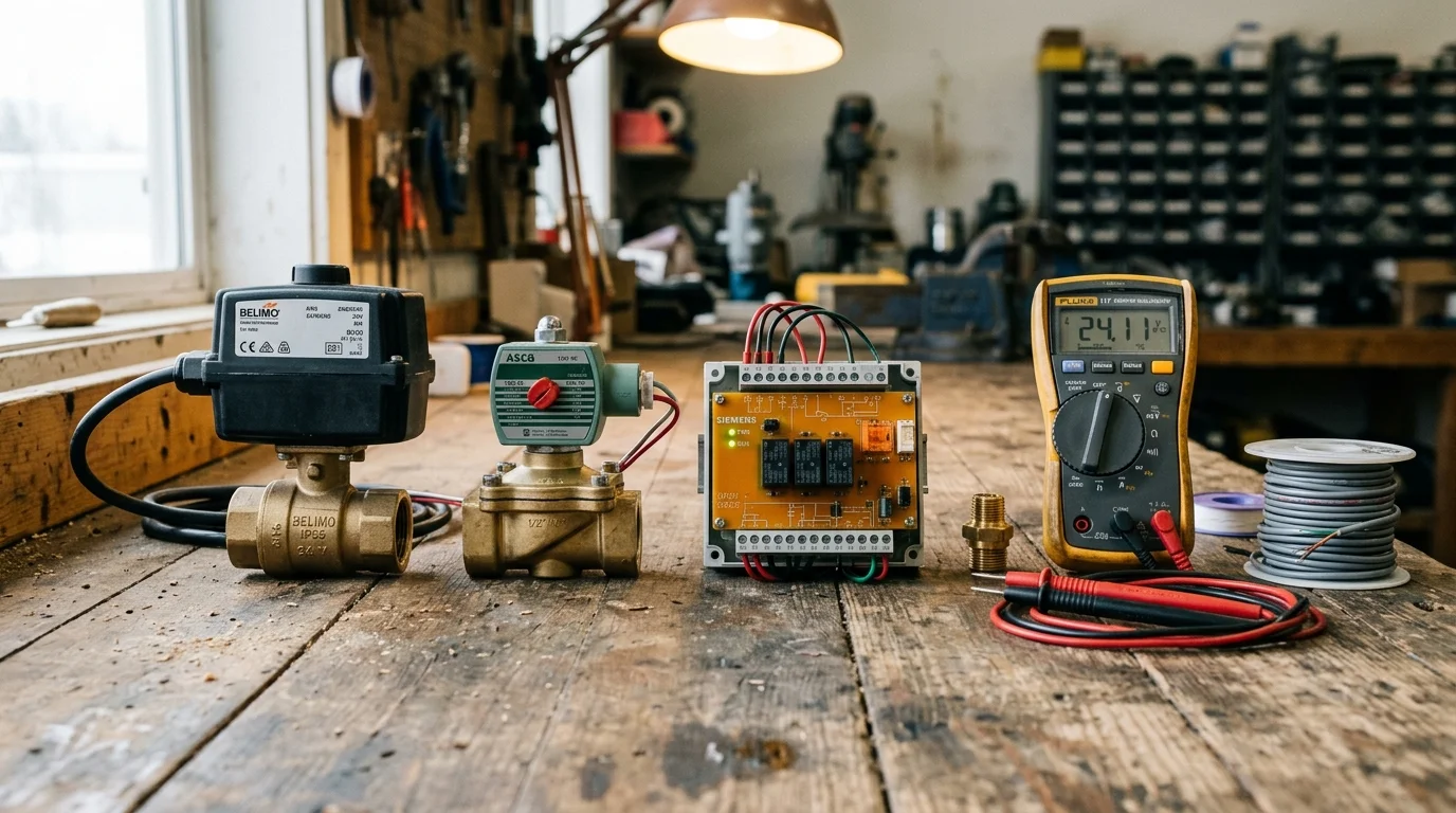 Motorized valve, solenoid valve, relay board, digital multimeter, and wire spool arranged on a rustic wooden workbench.