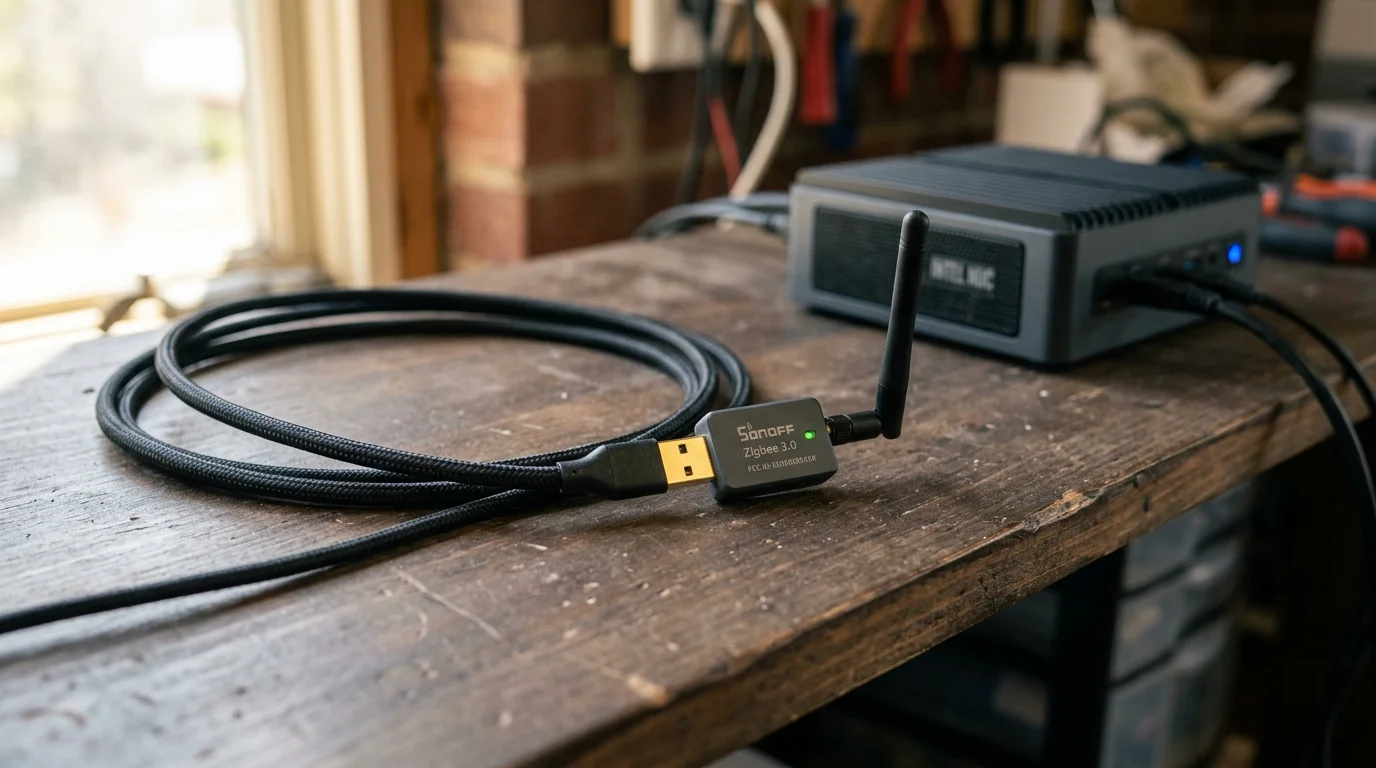 Sonoff Zigbee USB coordinator with antenna connected to a braided extension cable beside a mini PC on a wooden bench.
